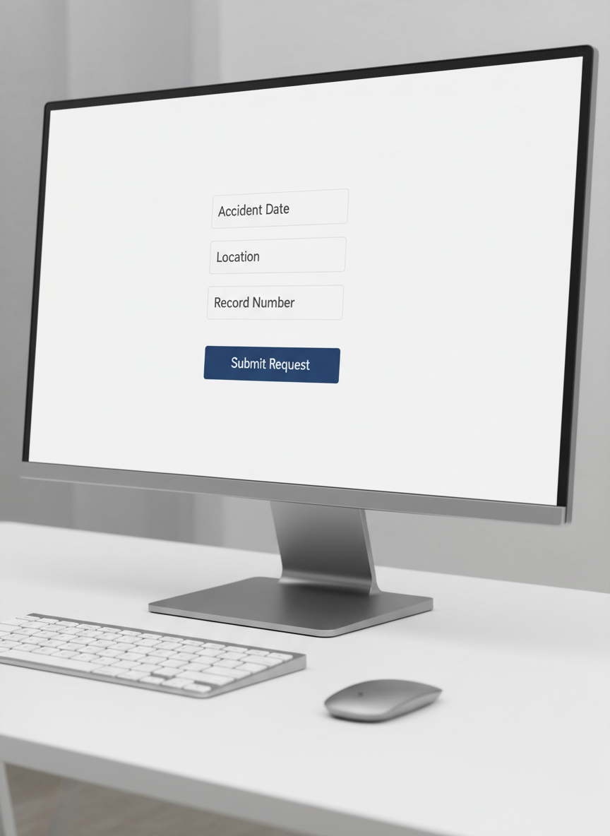 A close-up of a secure online form interface displayed on a sleek, thin-bezel monitor, showing clearly labeled fields titled “Accident Date,” “Location,” and “Record Number” in precise dark gray typography on a clean white background. A prominent navy-blue “Submit Request” button glows subtly, suggesting responsiveness. The monitor stands on a minimalist white desk with a brushed metal keyboard and no clutter. Soft, even studio lighting creates a calm, reflection-free screen surface. Photographic realism, captured from a slightly elevated three-quarter angle, with the screen in sharp focus and the desk gently fading into blur, projecting a modern, trustworthy, and user-friendly digital experience for accident record requests.
