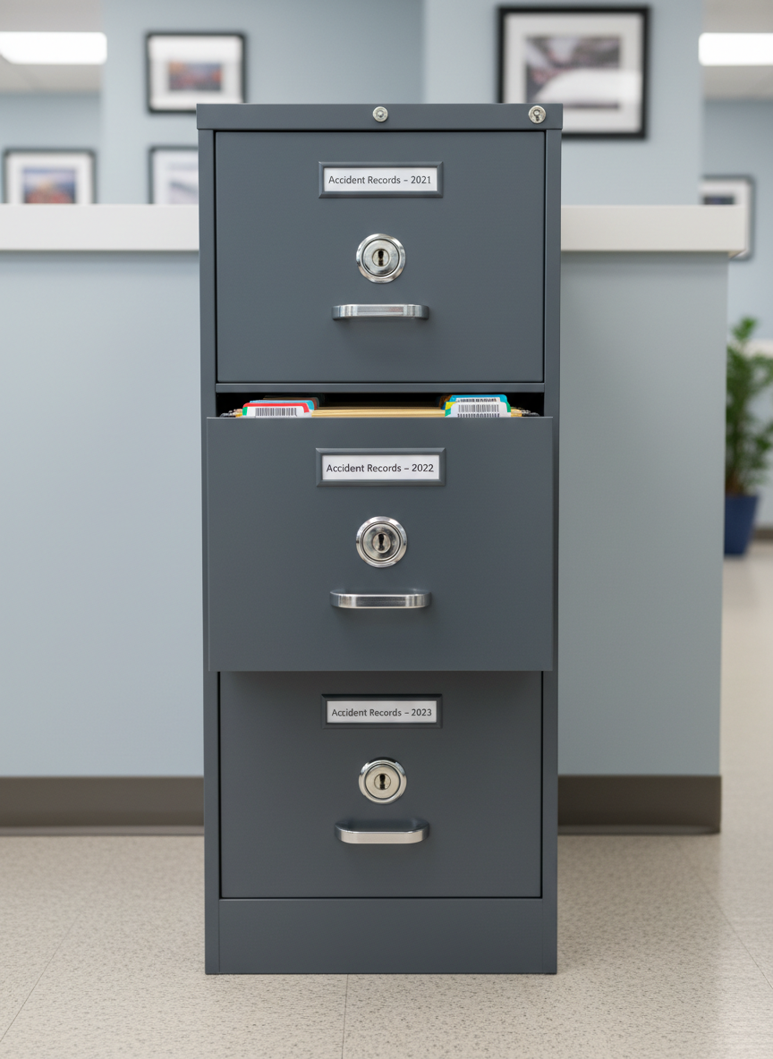 A securely locked steel filing cabinet in matte charcoal gray, each drawer labeled with precise white tags reading “Accident Records – 2021,” “2022,” and “2023.” One drawer is slightly open, revealing neatly filed manila folders with color-coded tabs and barcodes. The cabinet stands against a smooth, light blue-gray wall that hints at a professional office environment. Overhead diffused lighting casts soft, even illumination without harsh shadows, emphasizing cleanliness and order. Photographic realism, framed with a centered composition at eye level, moderate depth of field so the labels are tack-sharp while the wall gently blurs, evoking reliability, confidentiality, and systematic handling of nationwide accident records.