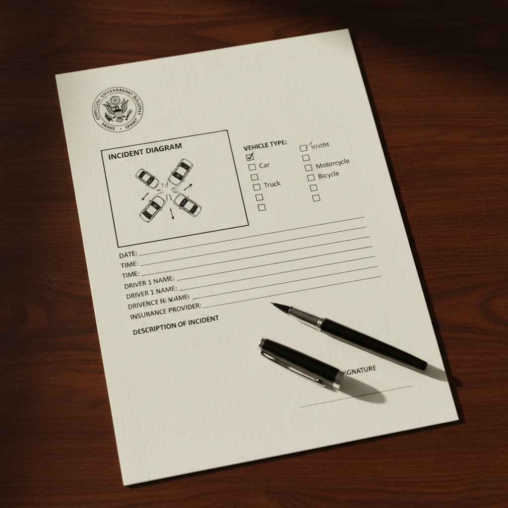 A detailed accident report form laid flat on a smooth, dark wood desk, its sections clearly visible: incident diagram box, checkboxes for vehicle types, and lines of small, precise text. A fine-point black pen rests beside the signature area, uncapped, with a slight metallic sheen. In the upper corner of the form, a subtle embossed emblem suggests official government documentation. Soft daylight from the left creates gentle directional shadows that emphasize the paper’s texture and the pen’s contours. Photographic realism, shot from a slightly elevated top-down angle with sharp focus across the whole page, conveying accuracy, clarity, and the seriousness of formal accident record documentation.