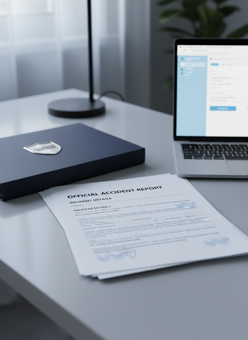 A neatly arranged stack of official accident record documents with crisp white paper, bold black headings, and subtle blue security watermarks, resting on a clean, light gray desk. A closed, dark navy folder stamped with a small silver shield icon labeled “Accident Records” anchors the scene. A modern, slim laptop sits off to the side, its screen softly glowing with a blurred form interface. Cool, diffused daylight from an unseen window creates gentle reflections on the desk surface and soft shadows under the papers. Photographic realism, shot at eye level with a slight angle, sharp focus on the documents and a subtly blurred background, conveying security, professionalism, and fast, organized processing.